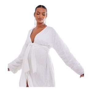 Maternity White Sequin Wrap Robe Dress Mini Blouson Sleeves Sparkle Party sz 12‎